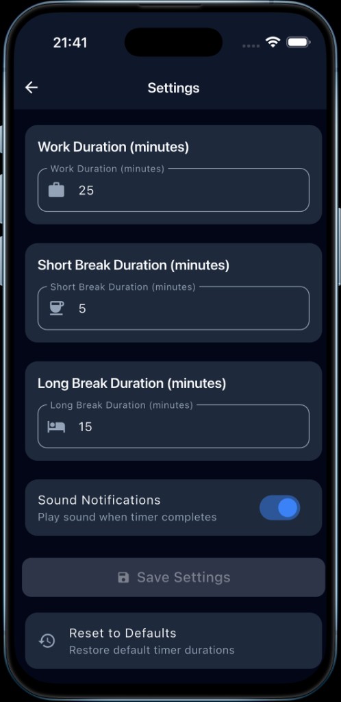 Pomodoro settings screen