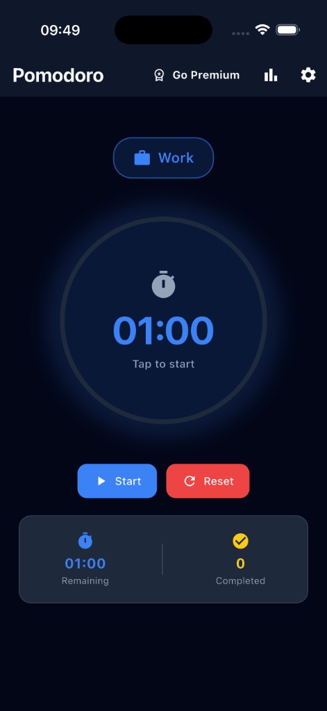 Pomodoro Timer home screen with focus countdown